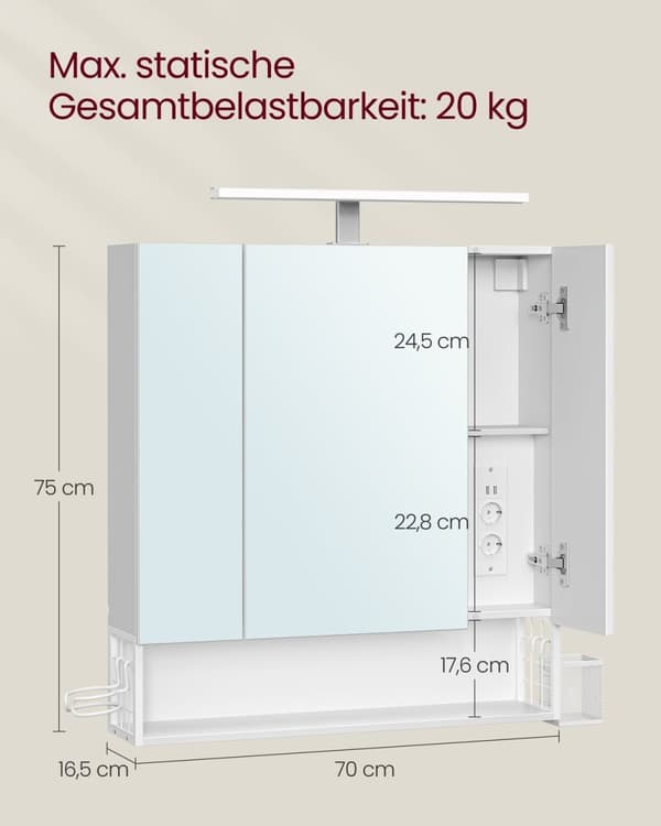 Rootz Badrumsskåp - Förvaringsenhet - Organizer - Spånskiva - MDF - Metall - Glasspegel - 16,5 cm x 70 cm x 75 cm - Molnvit - 20 kg Kapacitet