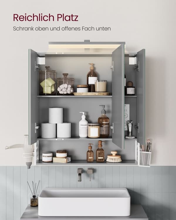 Rootz Badrumsskåp - Förvaringsenhet - Organizer - Spånskiva MDF Metall Glasspegel - 16,5 cm x 70 cm x 75 cm - Molnvit Dove Grå - 20 kg Kapacitet