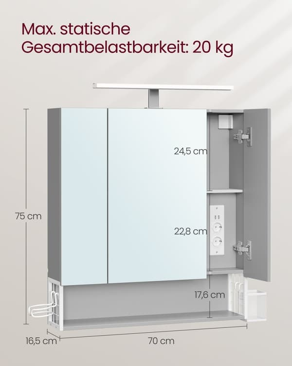 Rootz Badrumsskåp - Förvaringsenhet - Organizer - Spånskiva MDF Metall Glasspegel - 16,5 cm x 70 cm x 75 cm - Molnvit Dove Grå - 20 kg Kapacitet