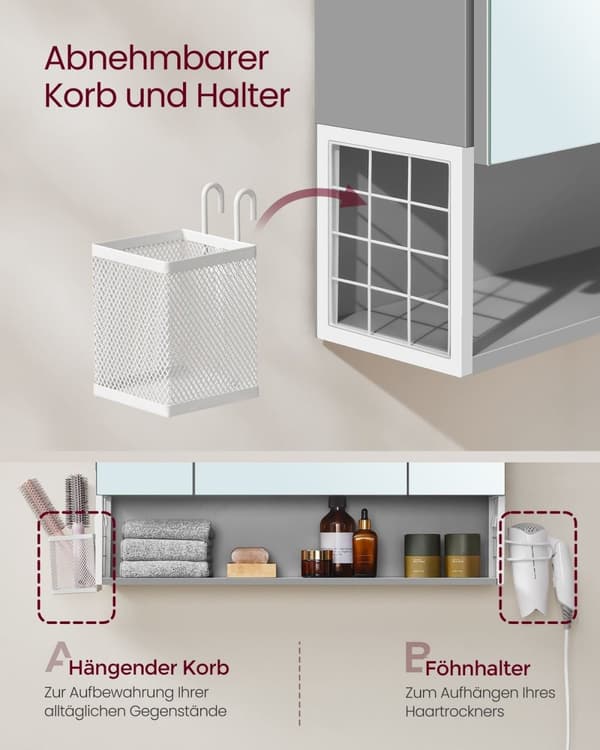 Rootz Badrumsskåp - Förvaringsenhet - Organizer - Spånskiva MDF Metall Glasspegel - 16,5 cm x 70 cm x 75 cm - Molnvit Dove Grå - 20 kg Kapacitet