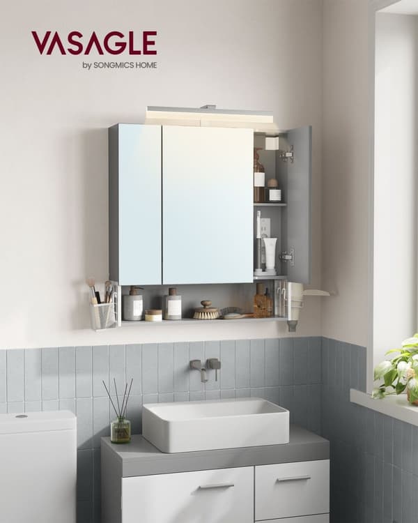 Rootz Badrumsskåp - Förvaringsenhet - Organizer - Spånskiva MDF Metall Glasspegel - 16,5 cm x 70 cm x 75 cm - Molnvit Dove Grå - 20 kg Kapacitet