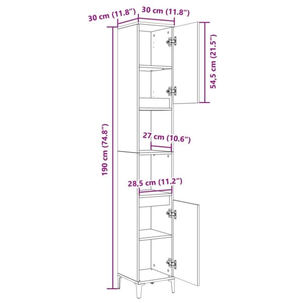 vidaXL badeværelsesskab 30x30x190 cm konstrueret træ sonoma-eg