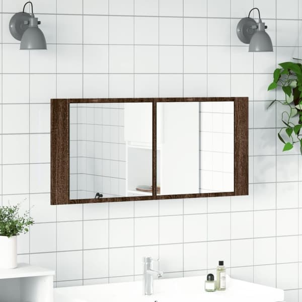vidaXL badeværelsesskab m. spejl og LED-lys 100x12x45 cm brun eg