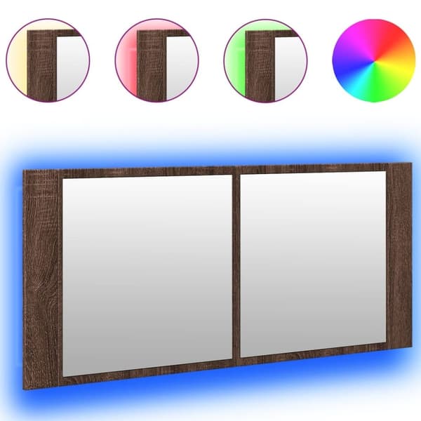 vidaXL badeværelsesskab m. spejl og LED-lys 100x12x45 cm brun eg