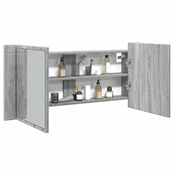vidaXL badeværelsesskab m. spejl og LED-lys 100x12x45 cm grå sonoma-eg