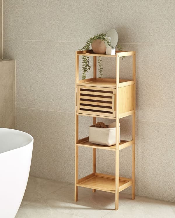 Hylly vaalea bambu 36 x 30 x 114 cm neljällä hyllyllä kaapilla kylpyhuoneen moderni tyyli