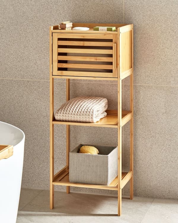 Hylly vaalea bambu 36 x 30 x 91 cm kolmella hyllyllä kaapilla kylpyhuoneen moderni tyyli