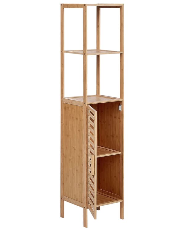 Badeværelsesreol lyst træ bambus med hylder og dør minimalistisk modern stil badeværelses tilbehør