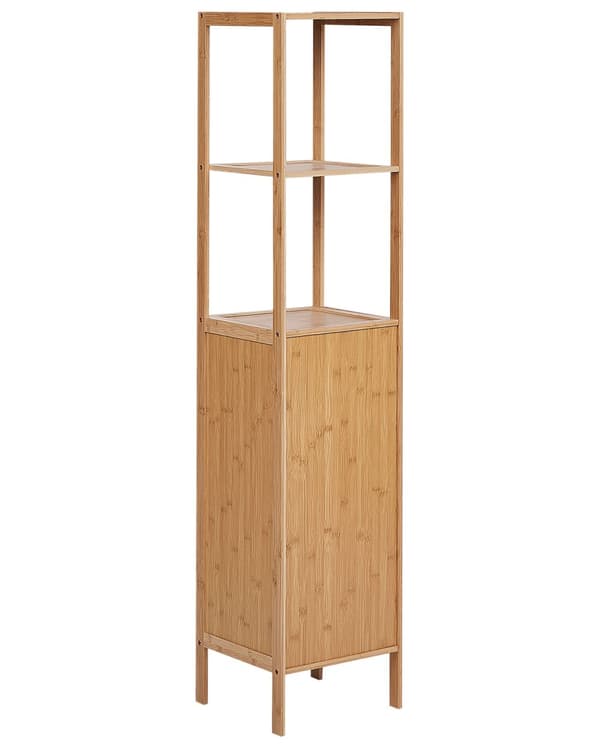 Badeværelsesreol lyst træ bambus med hylder og dør minimalistisk modern stil badeværelses tilbehør