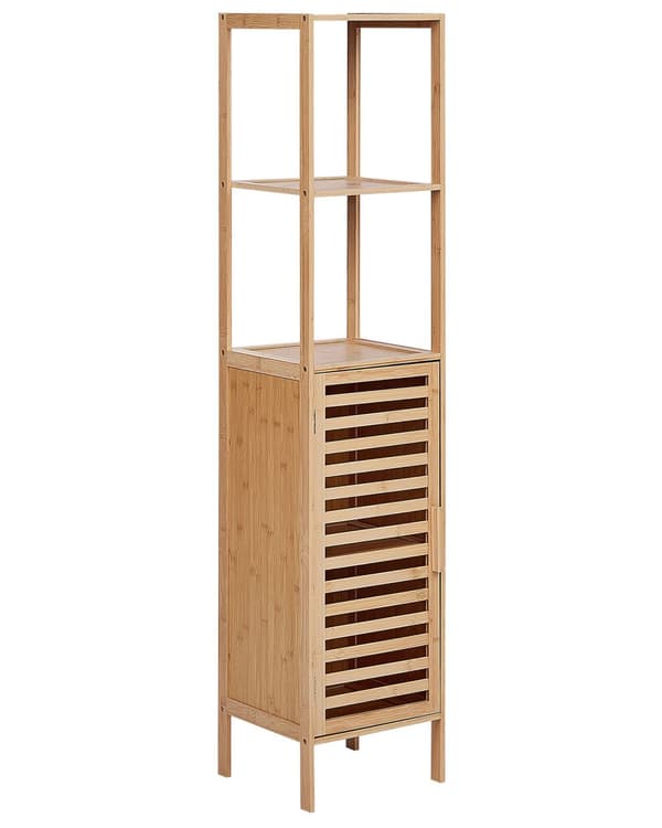 Badeværelsesreol lyst træ bambus med hylder og dør minimalistisk modern stil badeværelses tilbehør