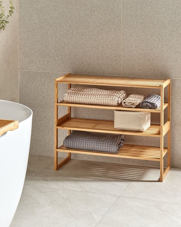 Hylde lys bambus 71 x 28 x 60 cm med fire hylder til badeværelse naturlig modern stil