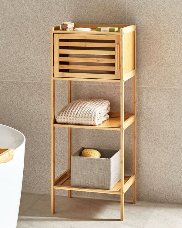 Hylde lys bambus 36 x 30 x 91 cm med tre hylder med skab til badeværelse i moderne stil