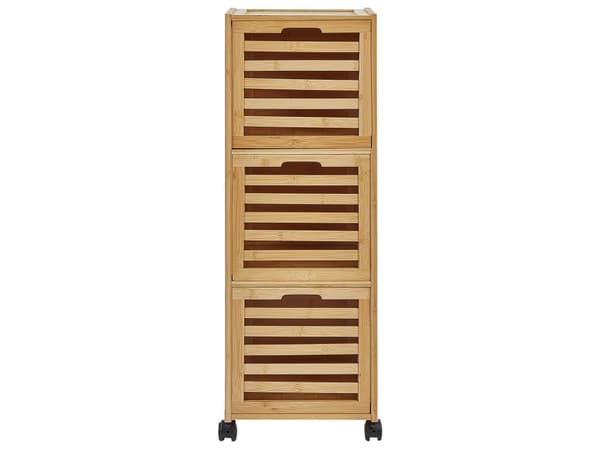 Laatikosto vaalea bambu 32 x 30 x 90 cm pyörillä kolmella laatikolla kylpyhuoneen moderni tyyli