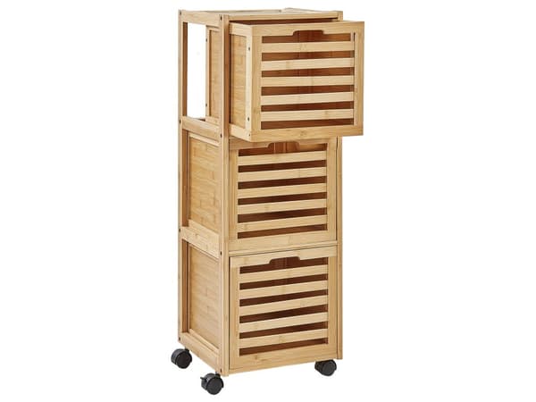 Laatikosto vaalea bambu 32 x 30 x 90 cm pyörillä kolmella laatikolla kylpyhuoneen moderni tyyli