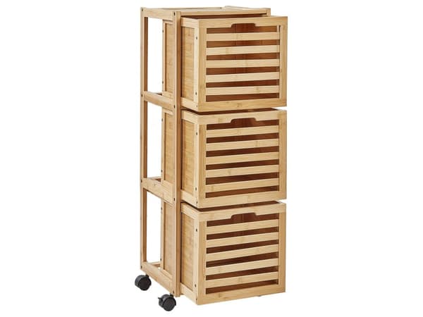 Laatikosto vaalea bambu 32 x 30 x 90 cm pyörillä kolmella laatikolla kylpyhuoneen moderni tyyli