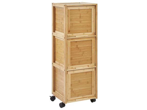 Laatikosto vaalea bambu 32 x 30 x 90 cm pyörillä kolmella laatikolla kylpyhuoneen moderni tyyli