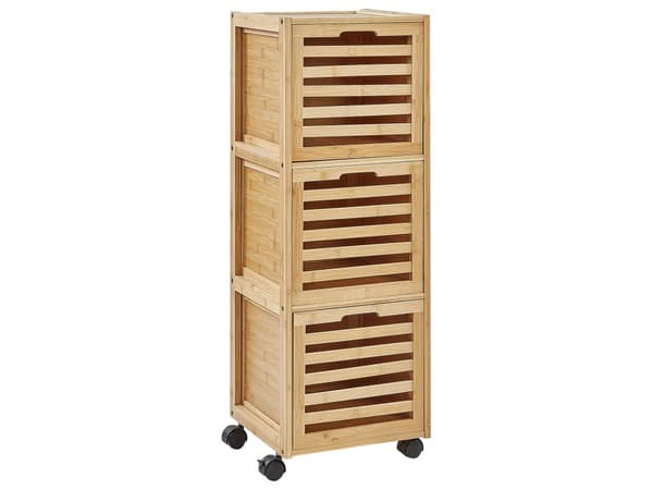 Laatikosto vaalea bambu 32 x 30 x 90 cm pyörillä kolmella laatikolla kylpyhuoneen moderni tyyli