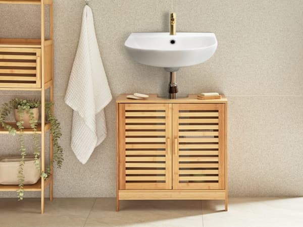 Håndvaskskab lyst træ bambus minimalistisk opbevaring badeværelses tilbehør toilet