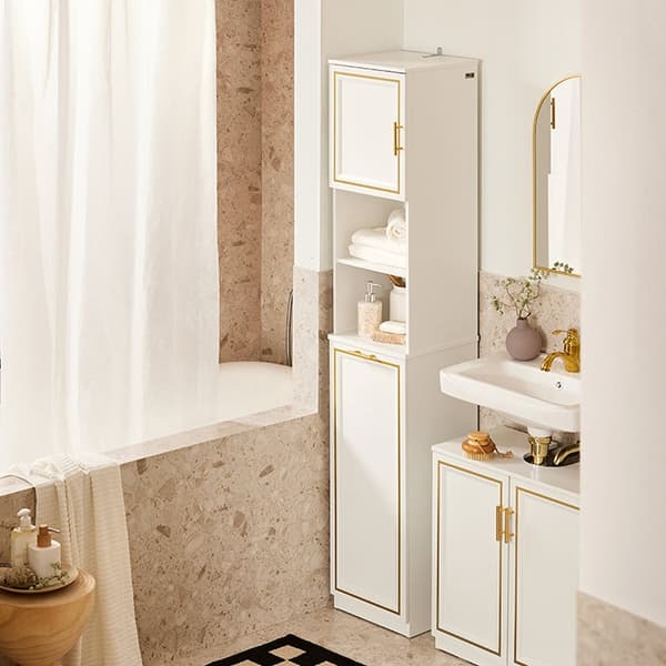 Korkea Rootz-kylpyhuonekaappi - Säilytysyksikkö - Pyykinpesukone - MDF-mänty - Kaatumisenestolaite - 33cm x 171cm x 32cm - 2-osainen setti