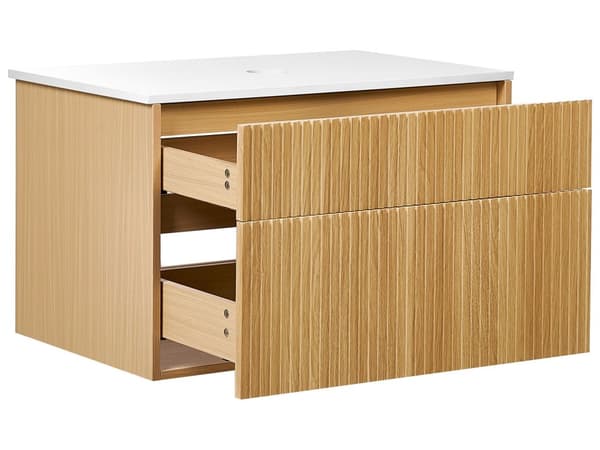Veggmontert Baderomsskap Lyst tre MDF 80 x 52 cm Riflet front med 2 Skuffer