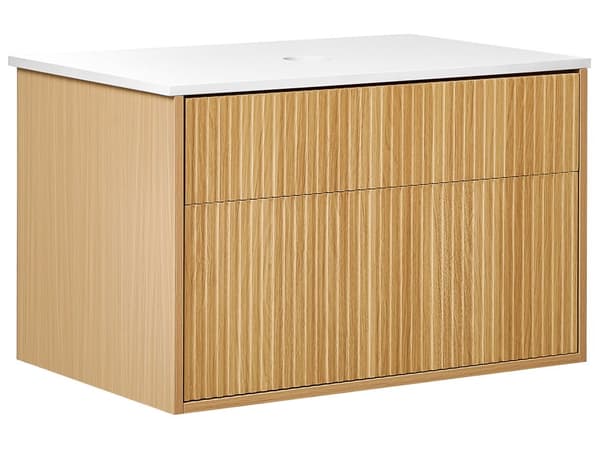 Veggmontert Baderomsskap Lyst tre MDF 80 x 52 cm Riflet front med 2 Skuffer