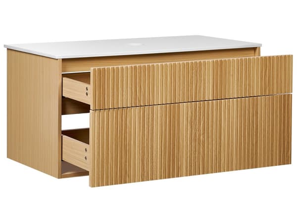 Veggmontert Baderomsskap Lyst tre MDF 100 x 52 cm Riflet front med 2 Skuffer