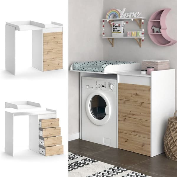 Armoire för tvättmaskin Alf, 116x98cm med 4 lådor, Vit, Vit, Vicco