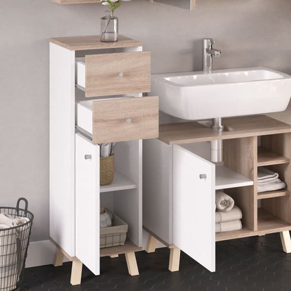 Senyo badrumsförvaringsmöbel, 30x95cm med lådor, Vit, Vit, Vicco