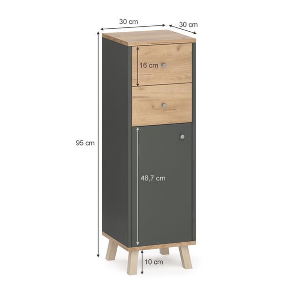 Förvaringsmöbel för badrum Senyo, 30x95cm med lådor, Antracit, Guldstark ek, Vicco