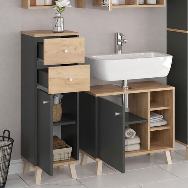 Förvaringsmöbel för badrum Senyo, 30x95cm med lådor, Antracit, Guldstark ek, Vicco