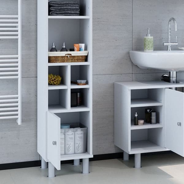 Förvaringsmöbel för badrum Fynn, 30x130.6cm liten dörr, Vit, Vit, Vicco