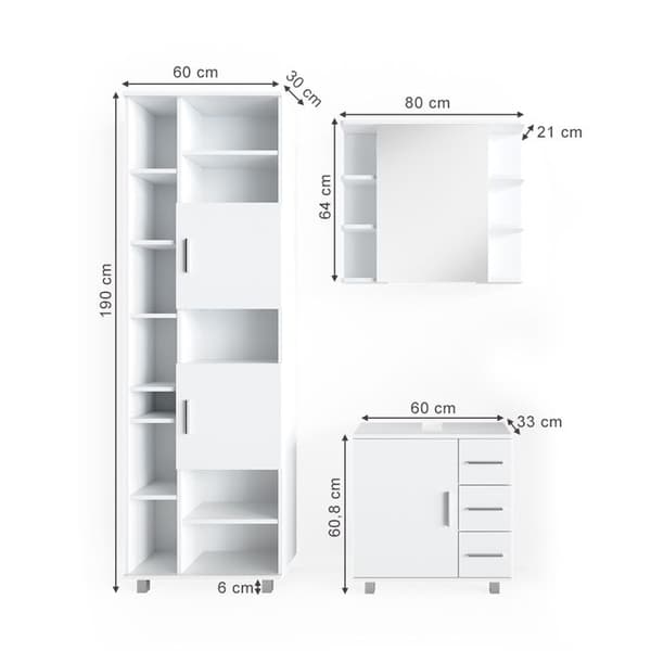 Set av möbler för badrum Ilias, 3 delar, med låg skåp 60 cm, Vit, Vit, Vicco