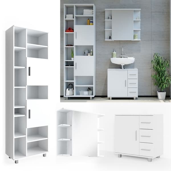 Set av möbler för badrum Ilias, 3 delar, med låg skåp 60 cm, Vit, Vit, Vicco