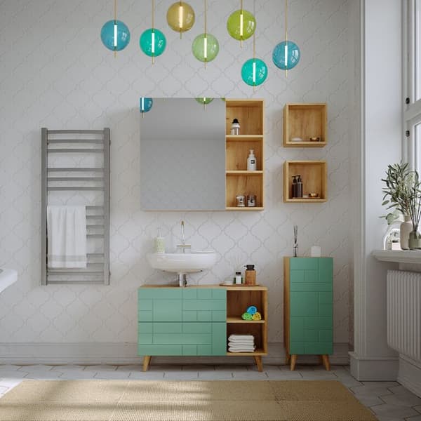 Enkel Rudi under vaskmöbel, 90x59 cm med 2 lådor, Mintgrön, Brun, Vicco