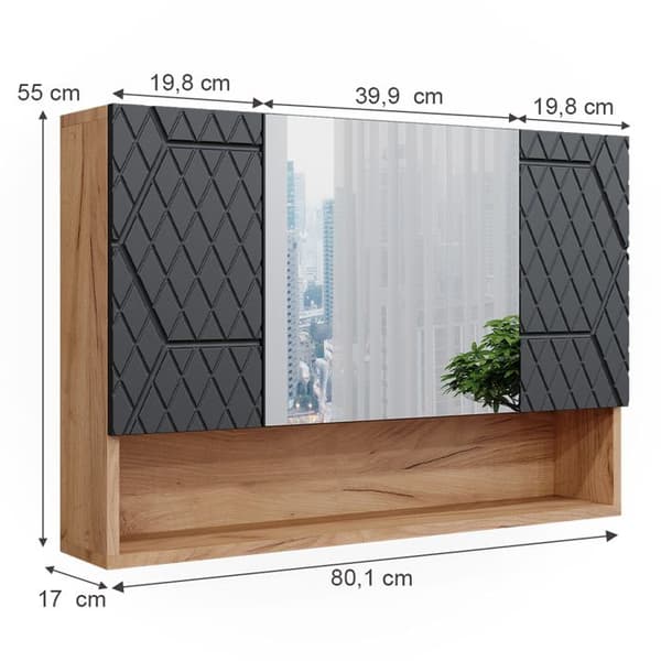 Toalettsspegel Irma, 80.1x55cm, Anthracite randig, Guld ek, Vicco