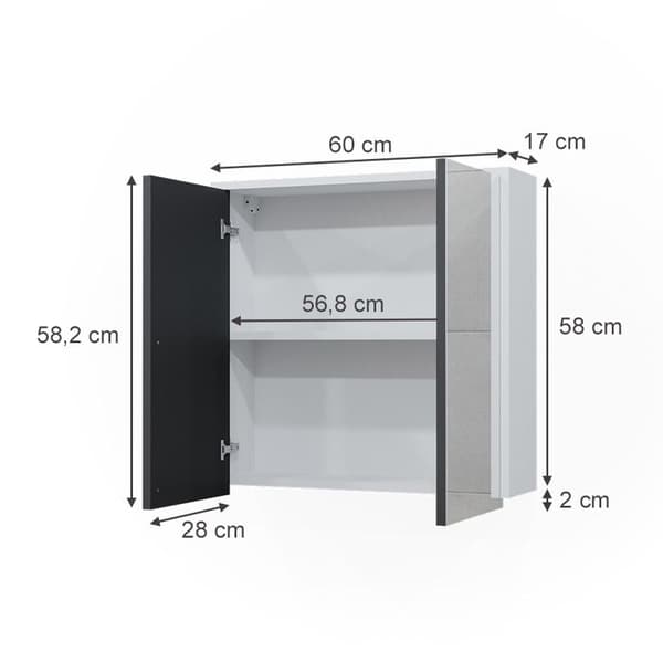 Maltin badrumsskåp, 60x58cm med två spegeldörrar, vit/antracit, Vit, Vicco
