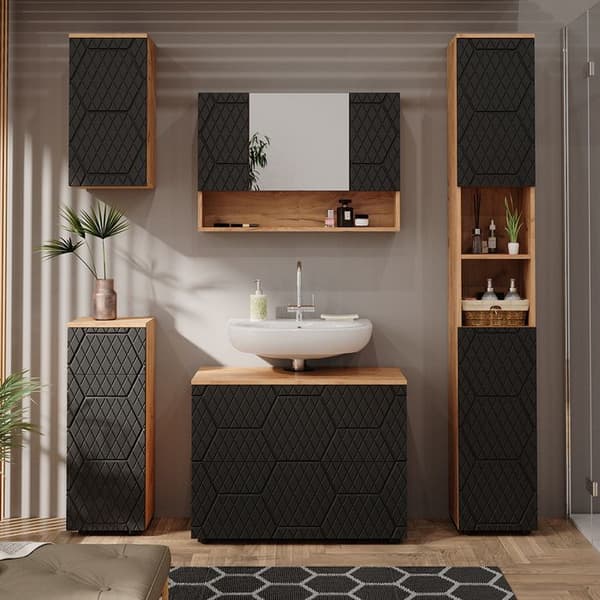 Badrumsfurniture Irma, 30x81cm med 1 låda, 2 fack, badrum, Antracit randig, Guld ek stark, Vicco