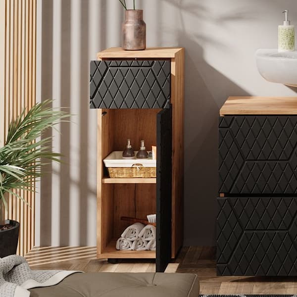 Badrumsfurniture Irma, 30x81cm med 1 låda, 2 fack, badrum, Antracit randig, Guld ek stark, Vicco