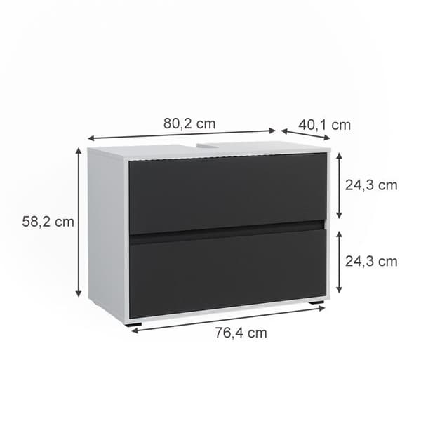 Enkel Maltin tvättställsskåp, 80.2x58.2cm med två stora lådor, vit/kol, Vit, Vicco