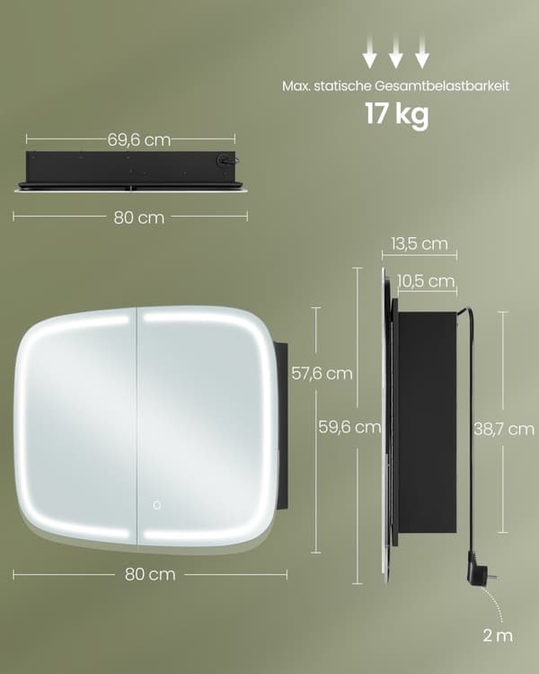 Rootz svart badrumsskåp - Förvaringsenhet - Underdel - Metall/Glas/Akryl - Upplyst spegel - 13,5 cm x 80 cm x 59,6 cm