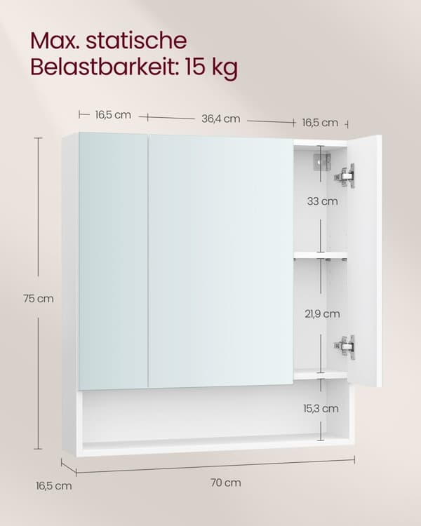 Rootz Cloud White Badeværelsesskab - Opbevaringsenhed - Spånplade, glas - Moderne design - 16,5 cm x 70 cm x 75 cm