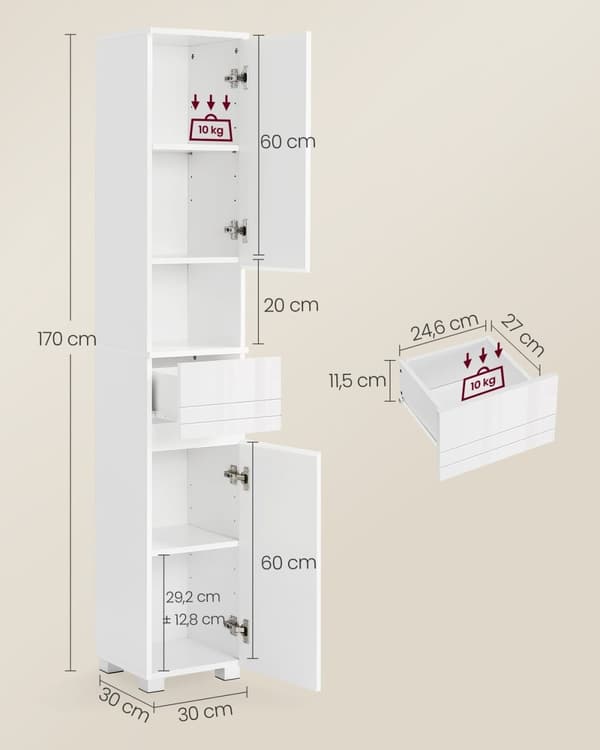 Rootz Classic White Badeværelsesskab - Opbevaringsenhed - MDF møbel - 10 kg bæreevne - 30 cm x 30 cm x 170 cm