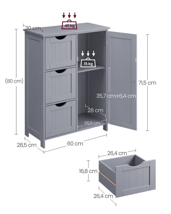 Rootz MDF Badeværelsesskab - Dove Grey - Opbevaringsorganisering - Justerbar hylde - 30cm x 60cm x 81cm. Vægt: 14,2 kg. Max belastning: 40 kg øverste