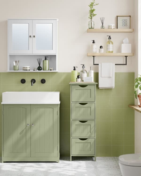 Rootz Laurel Green Badrumsskåp - MDF-förvaringsenhet - Handduksskåp - 30 cm x 30 cm x 82 cm - 8,3 kg - Max. Kapacitet på 45 kg översta hyllan