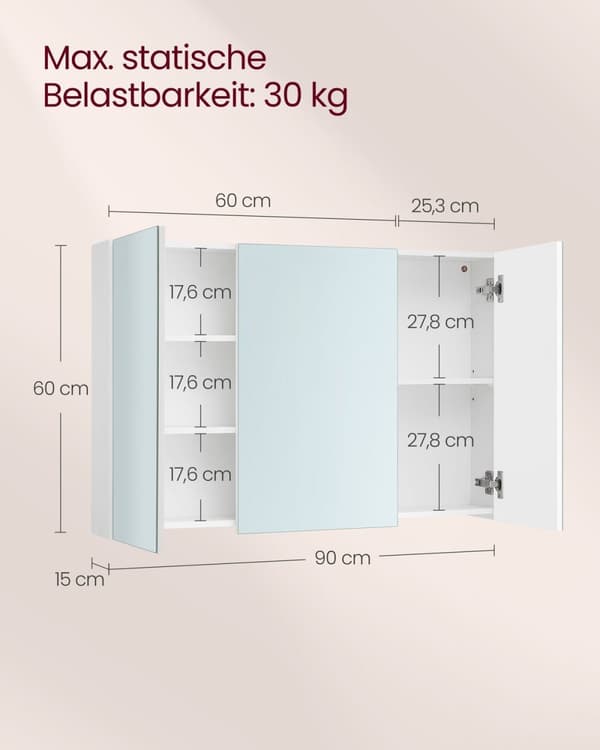 Rootz White Badrumsskåp - Förvaringsenhet - Väggmonterat skåp - Spånskiva & Glas - 15cm x 90cm x 60cm - 30kg Kapacitet