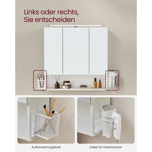 Rootz White Badeværelsesskab - Opbevaringsorganisator - Sidebord - Spånplade stålglas - 14,5 cm x 70 cm x 70 cm - Hårtørrerholder
