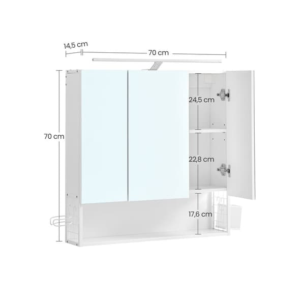 Rootz White Badeværelsesskab - Opbevaringsorganisator - Sidebord - Spånplade stålglas - 14,5 cm x 70 cm x 70 cm - Hårtørrerholder