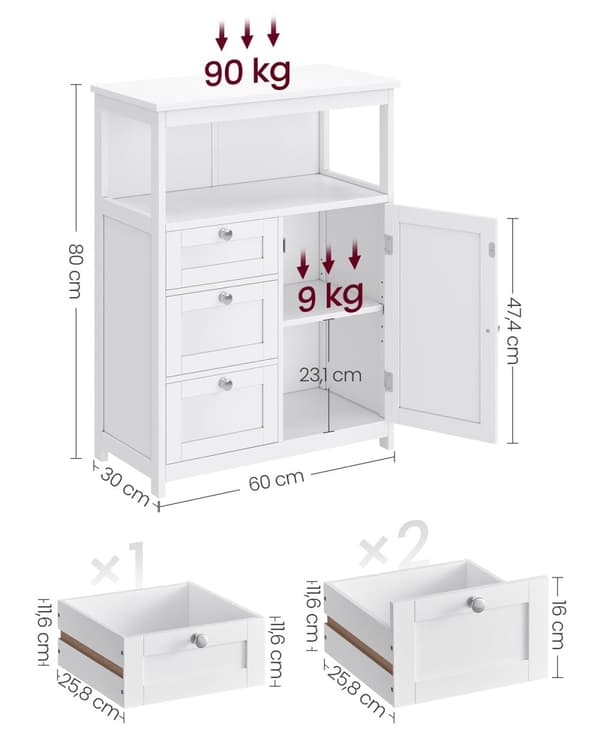 Rootz White Kylpyhuonekaappi - Säilytysyksikkö - MDF-huonekalut - Suurin kuormitus 90kg - 30cm x 60cm x 80cm