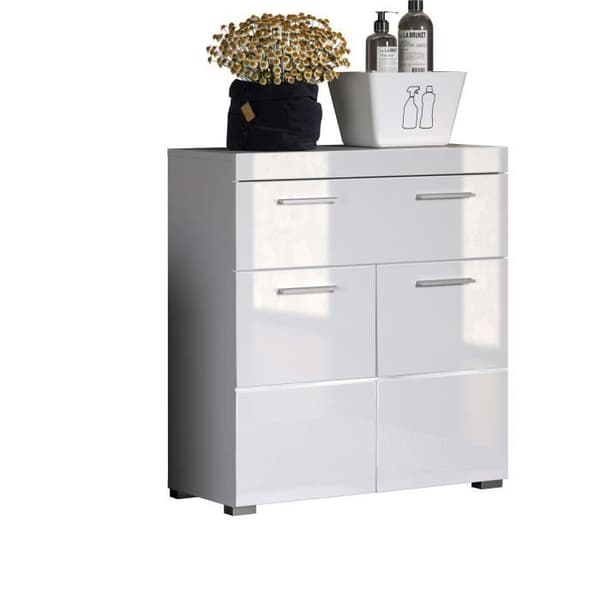 Badrumsmöbel Låg förvaring - 2 dörrar & 1 låda - Vit - L 73 x D 31 x H 79 cm - AMANDA