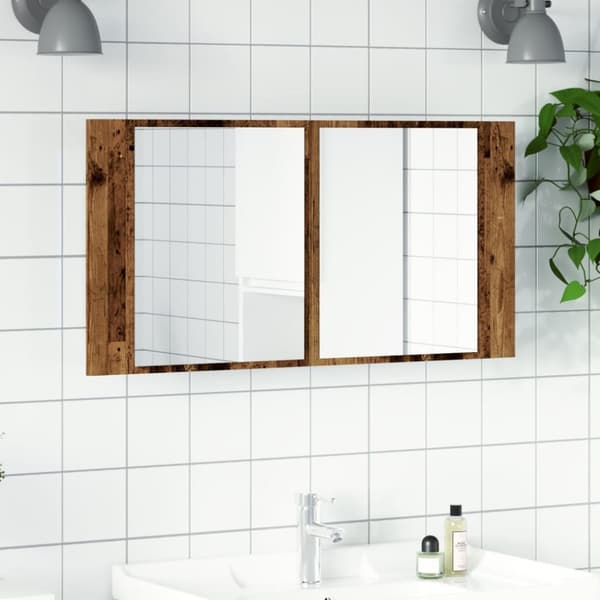 vidaXL spejlskab m. LED-lys 90x12x45 cm konstrueret træ antikt træ